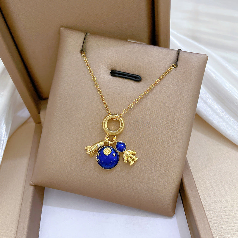 18K Gold Plated Astronaut Plane Titanium Steel Pendant Necklace