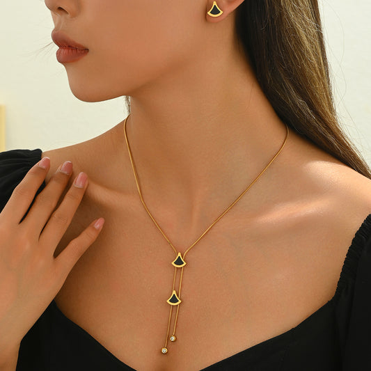 Four-Piece Stainless Steel Fan-Shaped Geometric Light Luxury Tassel Necklace And Earring Set
