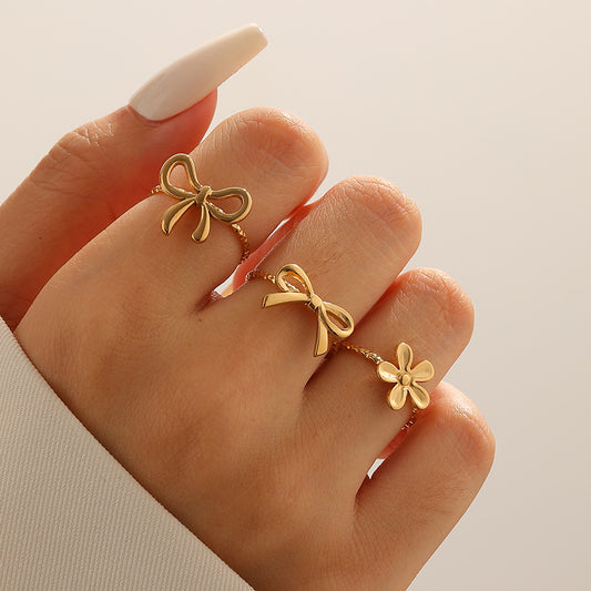 Small Exquisite Cute Sweet Design Open Stainless Steel Ring Bowknot Flower Shape Gold-plated Ring